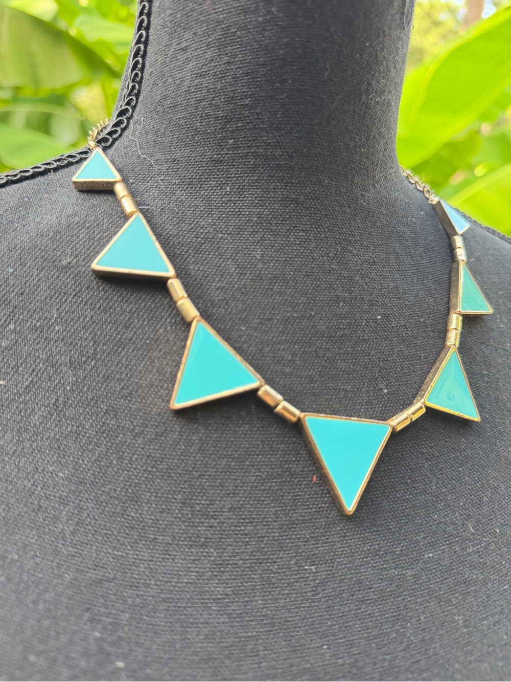 Geometric Turquoise & Antique Gold Triangle Statement Necklace - Picture 3 of 5